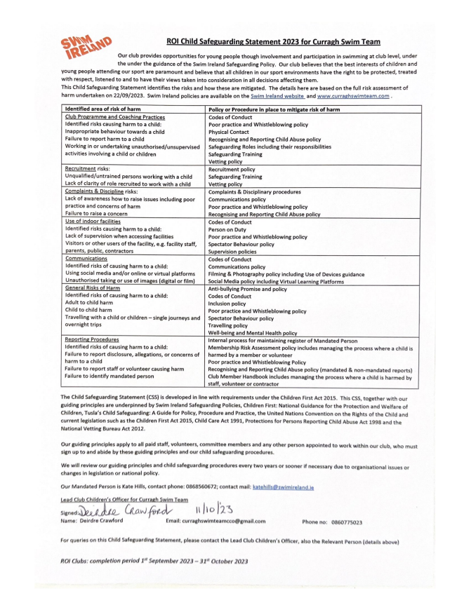 Curragh Swim Team Child Safeguarding Statement