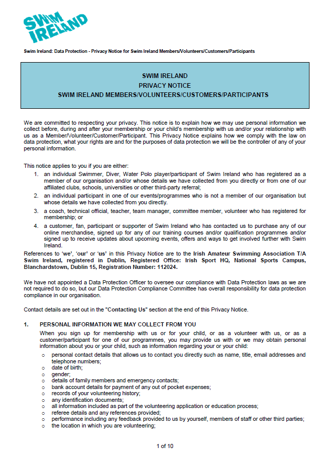 Swim Ireland Privacy Statement