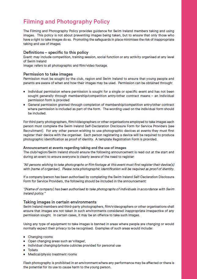 Swim Ireland Filming and Photography Policy